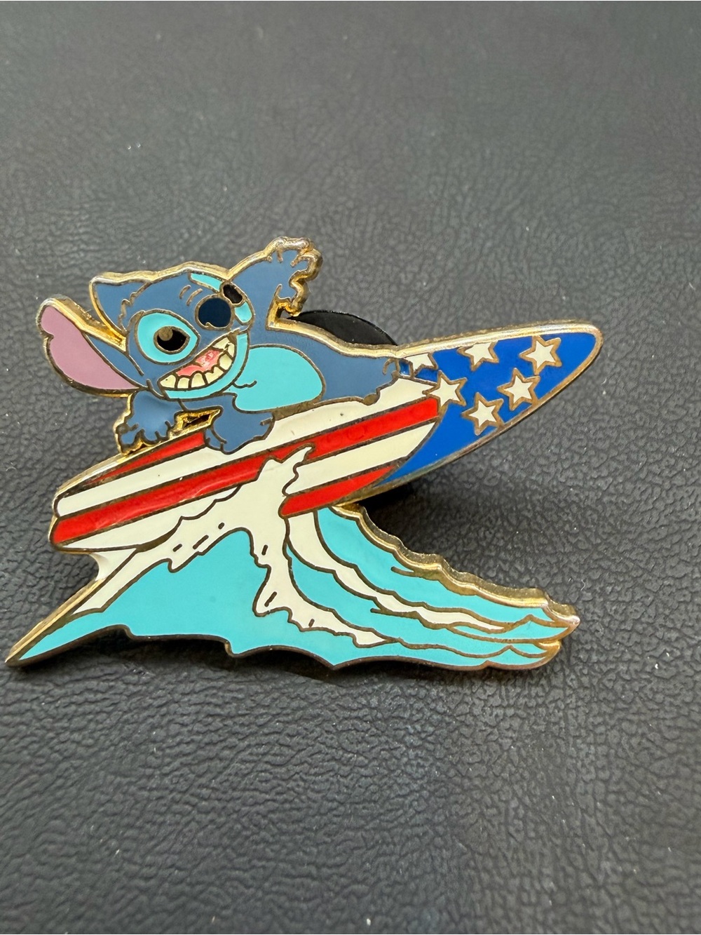 Blue Stitch Surfing Patriotic Enamel Pin -